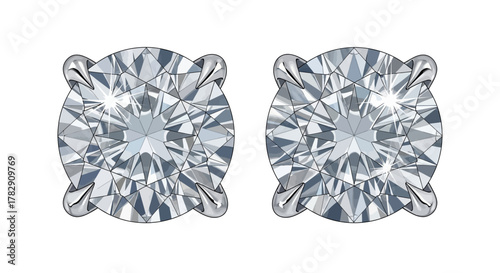 A pair of classic round brilliant cut diamond stud earrings in a four-prong setting, isolated vector illustration.