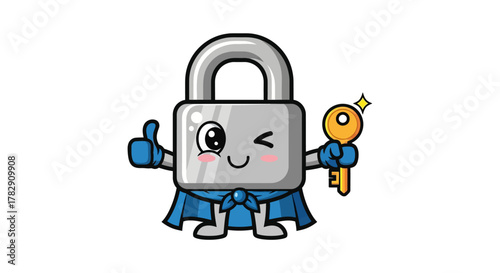 Adorable cartoon padlock character with a key and thumbs up