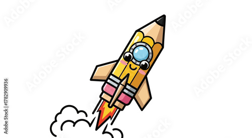 Adorable cartoon pencil rocket blasting off with fiery exhaust and cute eyes