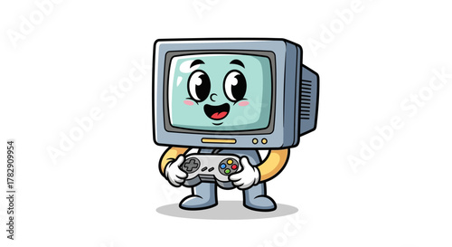 Adorable cartoon retro computer character playing video games with a controller