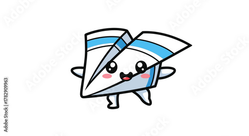 Adorable Kawaii Paper Airplane Character with Blue Stripes