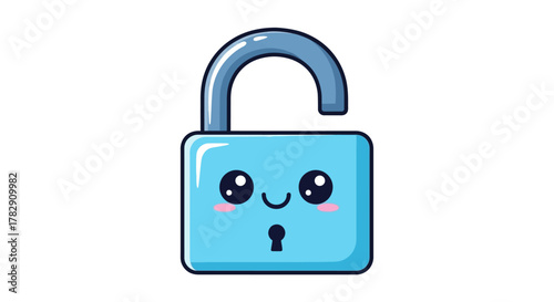 Adorable open blue padlock with cute kawaii face and blush