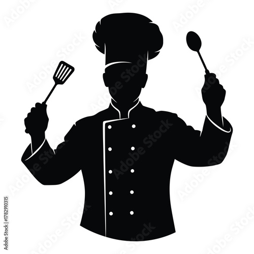 Chef silhouette holding spatula and spoon for cooking presentation graphic