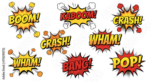 Comic book sound effects set featuring 'BOOM!', 'CRASH!', 'WHAM!', and 'POP!'