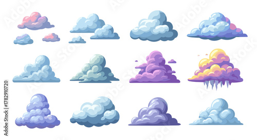 Collection of Stylized Cloud Illustrations Diverse Shapes, Pastel Hues, and Atmospheric Elements