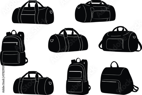 Silhouette collection of duffle bags and backpacks, modern travel and gym bag vector illustration set for fashion, luggage, and accessories design