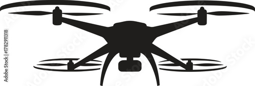 Silhouette drone with camera vector illustration, aerial quadcopter in flight, modern unmanned aircraft technology design for photography, surveillance, innovation, and aviation concept art