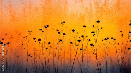 A vibrant sunset backdrop highlights silhouetted flowers, creating a serene and artistic atmosphere.