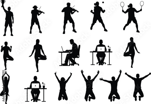 Silhouette of people doing yoga, playing sports, making music, working on computer, and celebrating success, lifestyle and balance vector illustration
