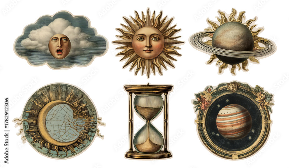 Fototapeta premium Vintage Celestial Illustrations Featuring Sun, Moon, Saturn, and Hourglass Designs