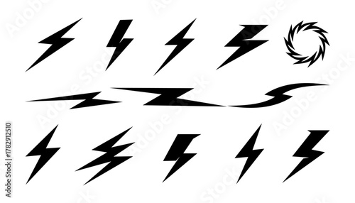 Lightning bolt vector icon set, black lightning icon designs on white background, Symbols of energy, power, electric storm, flash charge, ideal for web or orint, logo design.