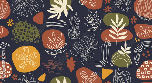 Abstract Botanical Seamless Pattern with Organic Shapes.