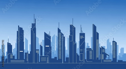 Cityscape of modern skyscrapers under blue sky.