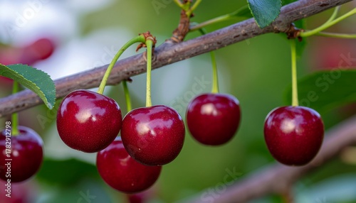 Close-up of ripe cherries on branch with glossy red skin and small green leaves, natural summer fruit and fresh harvest concept.