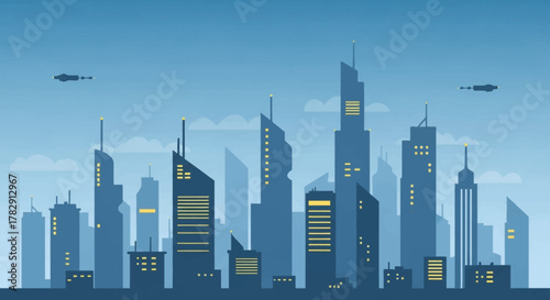 Futuristic Cityscape with Flying Vehicles and Skyscrapers.