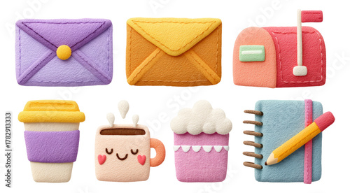 Colorful collection of cute stationery and postal items in playful art style