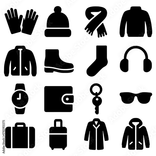 Iconic Wardrobe Essentials: An assortment of essential winter clothing and accessories are stylishly arranged in a minimalist, black silhouette, each piece ready to define your winter wardrobe.