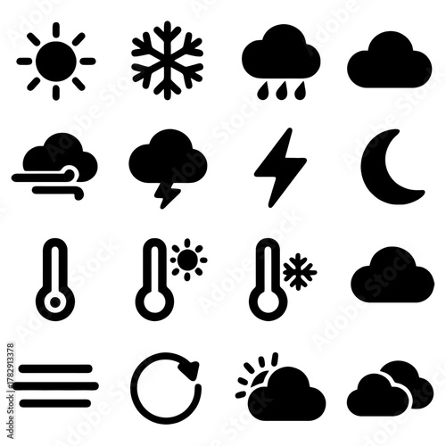 Weather Icons in Symmetry: A cohesive set of weather icons, featuring a variety of atmospheric conditions from a radiant sun to a cascading rainfall, forming a visual forecast.