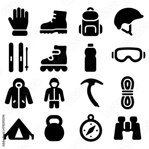 Adventure Gear Essentials: A collection of meticulously rendered illustrations showcases essential gear for outdoor pursuits. Each item, from gloves and boots to compasses and binoculars.