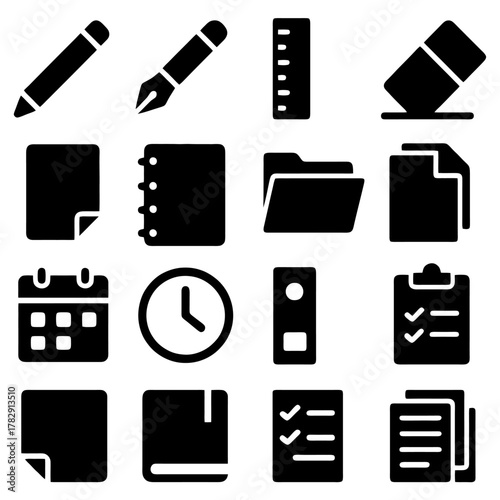 Office and School Supplies Icons: A collection of essential office and school supply icons, meticulously crafted for design. It showcases various elements.