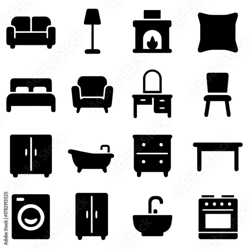 Home Furnishing Elements: a sleek collection of silhouette icons representing the core elements of home furnishing, from comfy seating to functional appliances. 