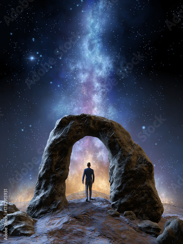 Man standing under a rocky arch formation