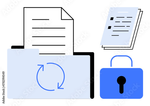 Folder with syncing icon, loose paper, and padlock suggesting document organization, sharing, and secure storage. Ideal for data backup, file sharing, privacy, cybersecurity office productivity