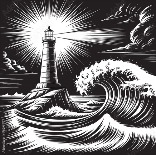 A powerful lighthouse beam pierces the darkness, illuminating crashing waves and stormy skies in a dramatic black and white illustration.