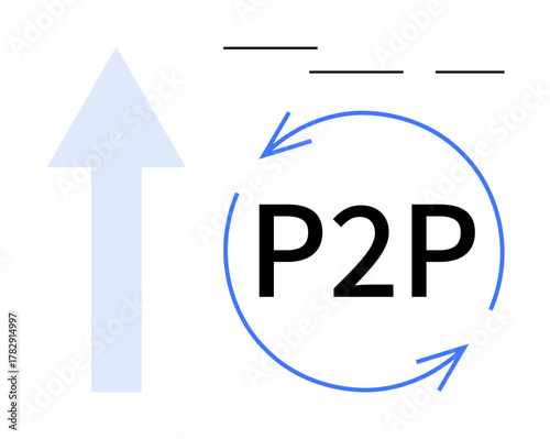 Circular arrows surrounding P2P and an upward blue arrow symbolize peer networks, progress, and exchange. Ideal for technology, connection, growth, communication, collaboration, advancement