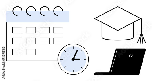 Calendar with clock, open laptop, and graduation cap emphasizing education, deadlines, learning tools, time organization. Ideal for online learning, academic planning, time tracking productivity