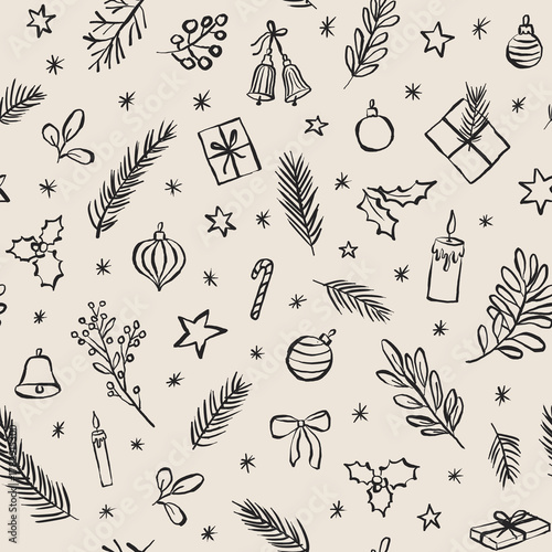Patrón sin costuras navideño. Fondo de navidad con ilustraciones minimalistas. Estampa de superficie con dibujos a mano de adornos navideños en fondo neutro