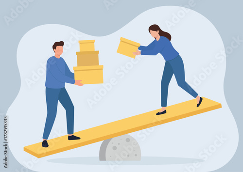 Imbalanced Workload: Man and Woman on Tilted Seesaw with Boxes in Flat Vector Style, Work-Life Balance, Gender Workload Inequality, Teamwork Distribution, Business Equilibrium, Logistic Overload