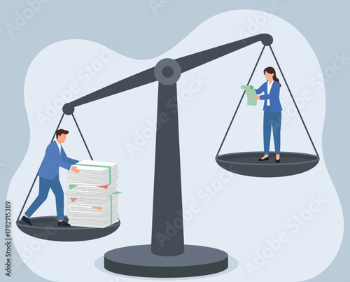 Unequal Workload, Man Struggles with Paper Stack While Woman Holds Single Document on Tipped Scale, Gender Inequality, Workload Imbalance, Professional Disparity, Effort Disparity, Office Dynamics