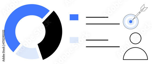Pie chart with segments hints at data distribution, arrows targeting a bullseye for goal achievement, and user icon suggesting personalization. Ideal for data visualization, target setting, user