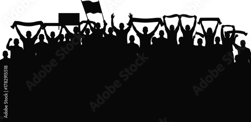 Silhouette crowd of cheering people with flags and scarves, stadium fans celebrating victory, sports audience vector illustration, supporter group energy concept