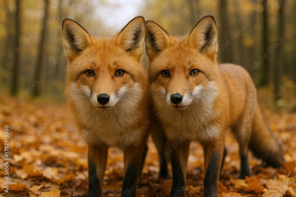 Fototapeta premium Pair of Red Foxes Standing Alert in Autumnal Forest, Captivating Wildlife Portrait