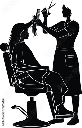 Silhouette of hairstylist cutting woman’s hair in salon chair, professional haircut service, beauty and fashion concept vector illustration for hairstyle design