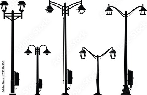 Vintage and modern street lamp post silhouettes collection, urban lighting vector illustration, city infrastructure design elements, outdoor night light concept, black isolated icons