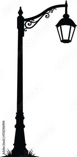 Vintage street lamp post vector illustration, classic outdoor lighting design with decorative lantern, wrought iron details, urban night streetlight silhouette art