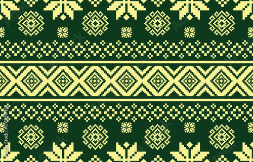 Christmas and New Year green and white seamless pattern, fairytale pixel pattern in white and green with Nordic snowflakes for winter hats, ugly sweaters, jumpers. wallpaper, paper or other design