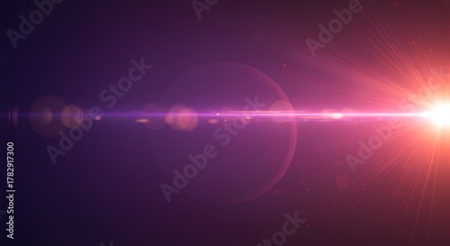 Bright Lens Flare and Bokeh Effect with Radial Light Rays on Dark Purple Background