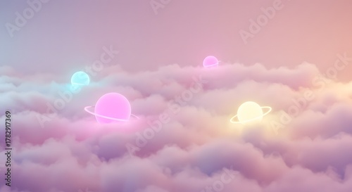 Dreamy Pastel Planets Floating in Soft Clouds