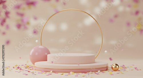 Elegant Pink and Gold Stage Podium with Confetti and Bokeh