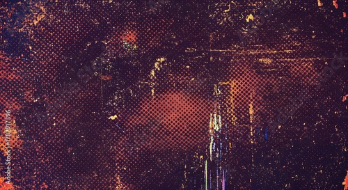 Dark Textured Grunge Background with Halftone Dots and Splatters