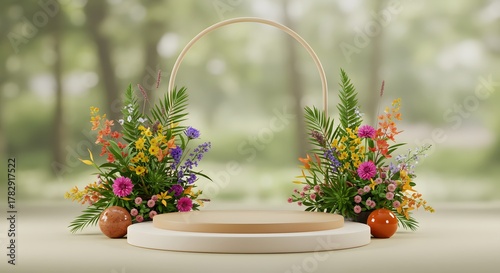 Spring Easter Podium Display with Flowers and Orbs - Product Showcase Background