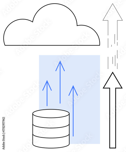 Arrows move upwards from cylindrical database to cloud, symbolizing data migration. Ideal for cloud computing, data transfer, digital storage, scalability, cloud integration, IT infrastructure