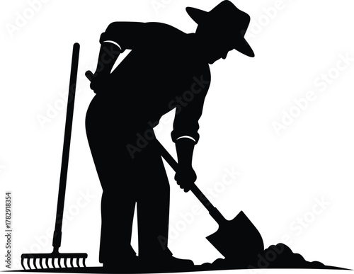 Silhouette farmer digging soil with shovel and rake, working in agricultural field, rural farming lifestyle concept vector illustration design