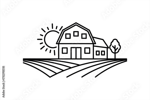 Farm Landscape with Barn and Sun