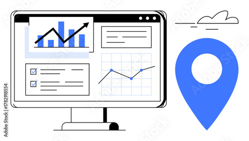 Computer monitor featuring graphs, charts, and checklists with a blue location marker and cloud. Ideal for analytics, reporting, location tracking, business strategy, visualization, tech concepts