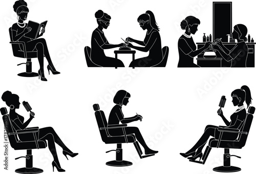 Vector illustration of women in beauty salon receiving manicure, reading magazine, and styling hair, elegant female lifestyle, spa and fashion concept design